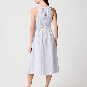 J Crew seersucker midi dress; blue & white tie back zipper side pockets. Size 16